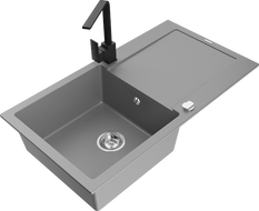 Mexen Leo 1-bowl granite sink with drainer and kitchen tap Rita, grey - 6501-71-670300-70