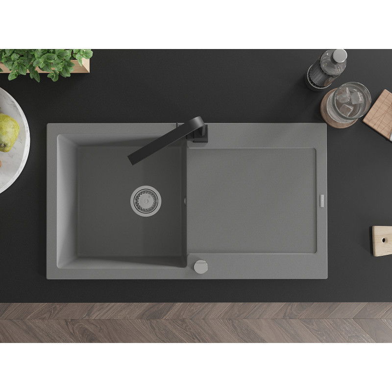 Mexen Leo 1-bowl granite sink with drainer and kitchen tap Rita, grey - 6501-71-670300-70