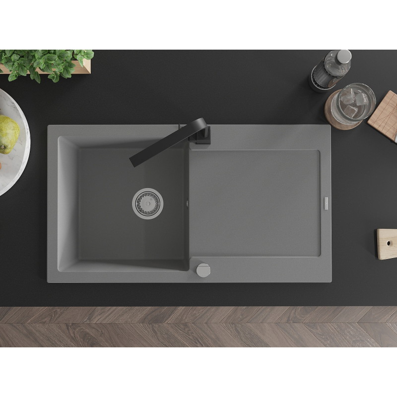 Mexen Leo granite kitchen sink 1-bowl with drainer and kitchen faucet Rita, gray - 6501-71-670300-70