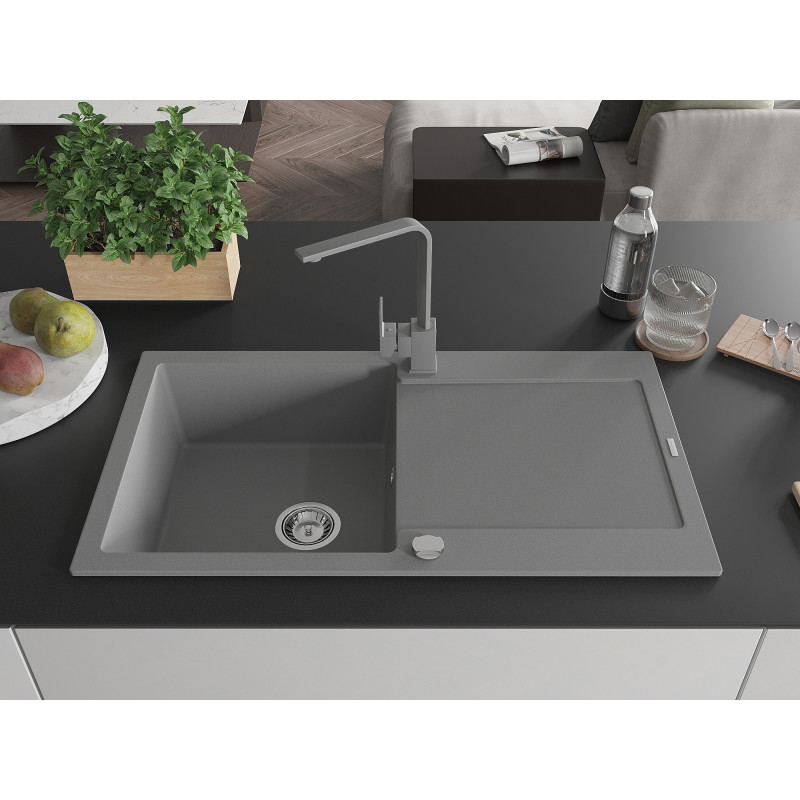 Mexen Leo 1-bowl granite sink with drainer and Rita kitchen faucet, gray - 6501-71-670300-71