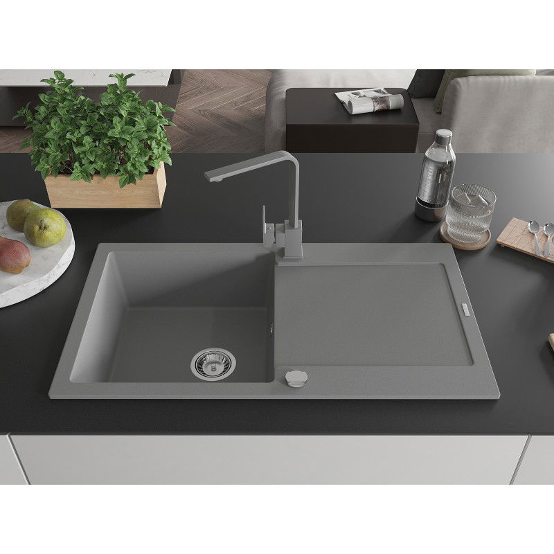 Mexen Leo granite kitchen sink 1-bowl with drainer and Rita kitchen tap, grey - 6501-71-670300-71