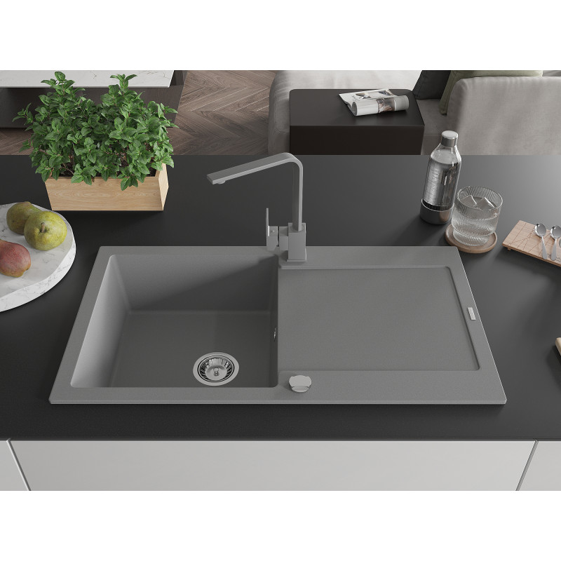 Mexen Leo granite kitchen sink 1-chamber with drainer and kitchen faucet Rita, gray - 6501-71-670300-71