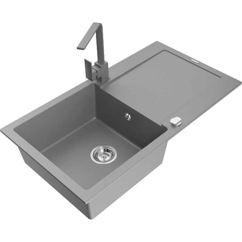Mexen Leo 1-bowl granite sink with drainer and Rita kitchen faucet, gray - 6501-71-670300-71