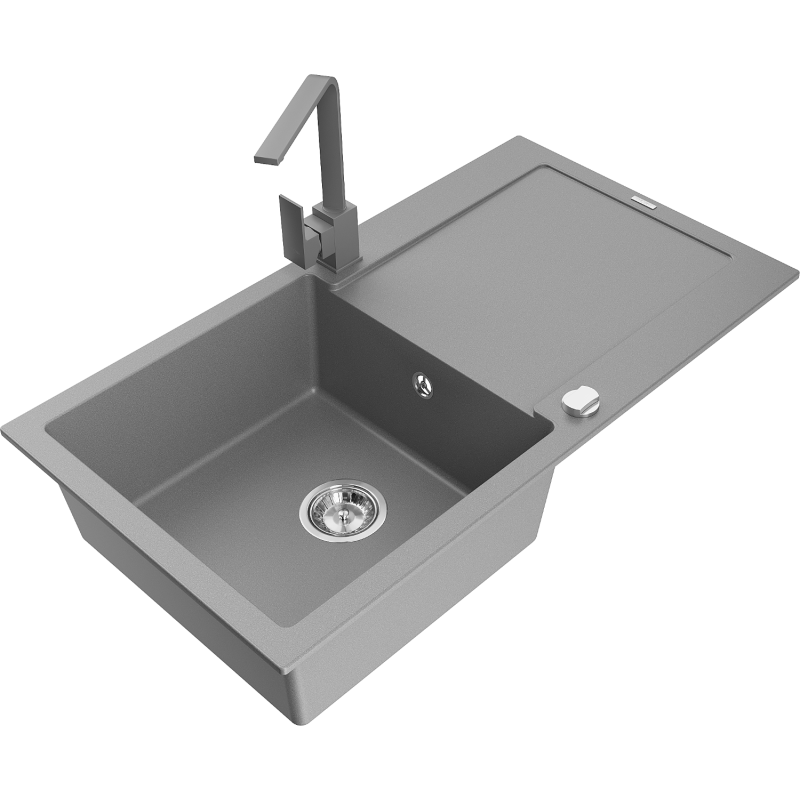 Mexen Leo 1-compartment granite sink with a drip tray and kitchen mixer tap Rita, Grey - 6501-71-670300-71