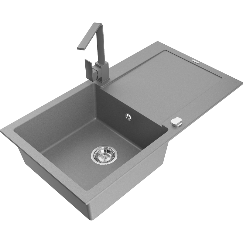 Mexen Leo granite kitchen sink 1-bowl with drainer and Rita kitchen tap, grey - 6501-71-670300-71