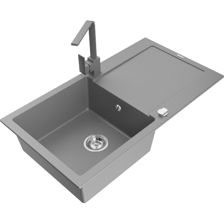 Mexen Leo granite kitchen sink 1-bowl with drainer and Rita kitchen tap, grey - 6501-71-670300-71