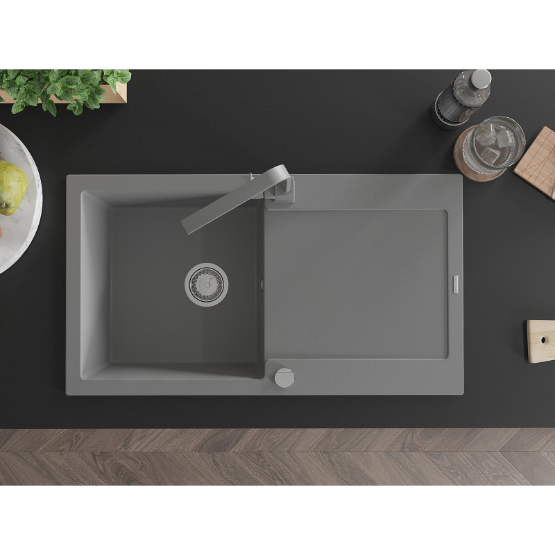 Mexen Leo granite kitchen sink 1-chamber with drainer and kitchen faucet Rita, gray - 6501-71-670300-71