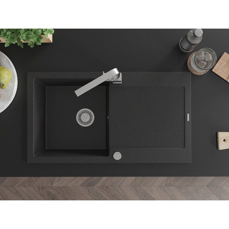 Mexen Leo granite sink 1-bowl with drainer and Rita kitchen tap, black/silver metallic - 6501-73-670300-00