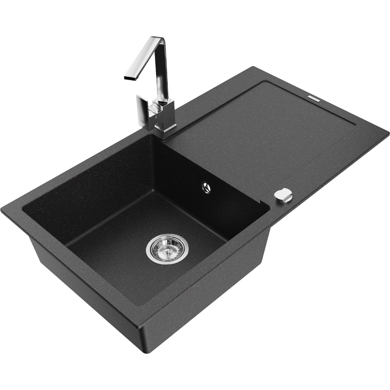 Mexen Leo granite kitchen sink single-bowl with drainer and Rita kitchen faucet, black/silver metallic - 6501-73-670300-00