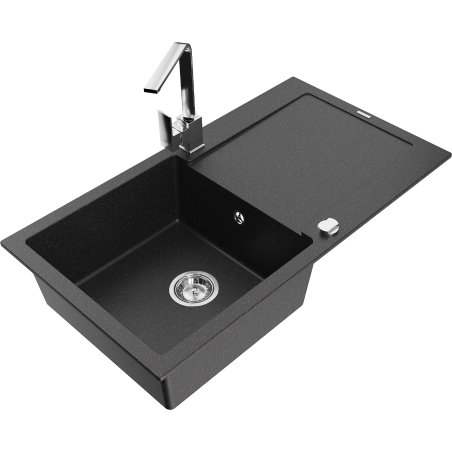 Mexen Leo granite kitchen sink 1-bowl with drainer and kitchen faucet Rita, black/silver metallic - 6501-73-670300-00