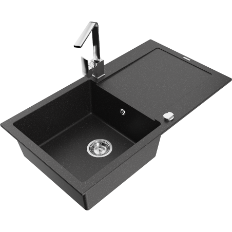 Mexen Leo granite sink 1-bowl with drainer and Rita kitchen tap, black/silver metallic - 6501-73-670300-00