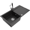 Mexen Leo granite kitchen sink single-bowl with drainer and Rita kitchen faucet, black/silver metallic - 6501-73-670300-00