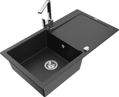 Mexen Leo granite sink 1-bowl with drainer and Rita kitchen tap, black/silver metallic - 6501-73-670300-00