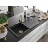 Mexen Leo single-bowl granite sink with drainer and kitchen faucet Rita, black/silver metallic - 6501-73-670300-50