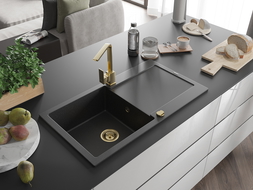 Mexen Leo granite sink 1-bowl with drainer and Rita kitchen tap, black/silver metallic - 6501-73-670300-50