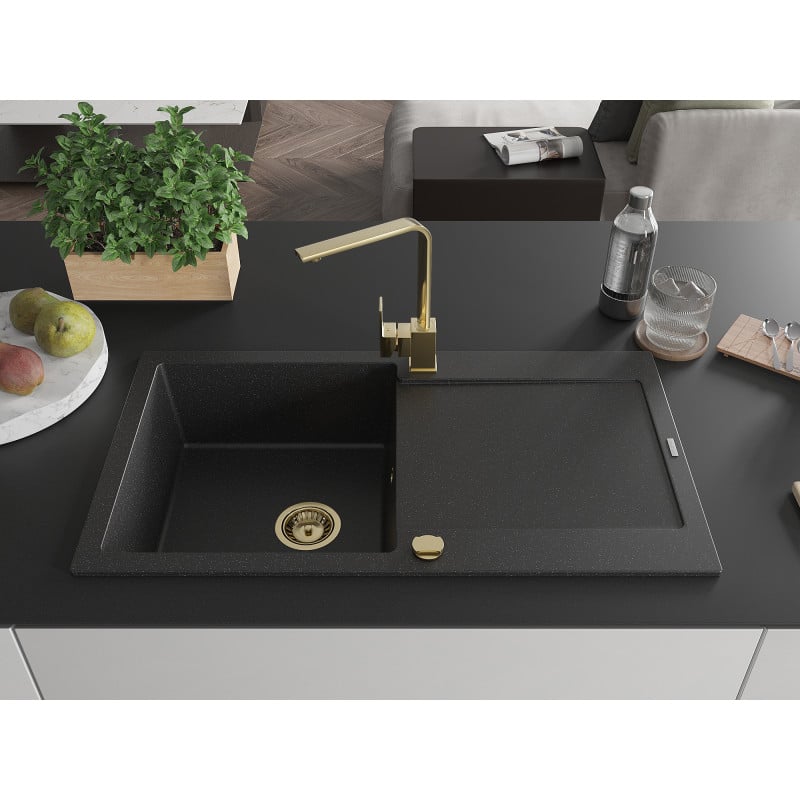 Mexen Leo granite sink 1-bowl with drainer and Rita kitchen tap, black/silver metallic - 6501-73-670300-50