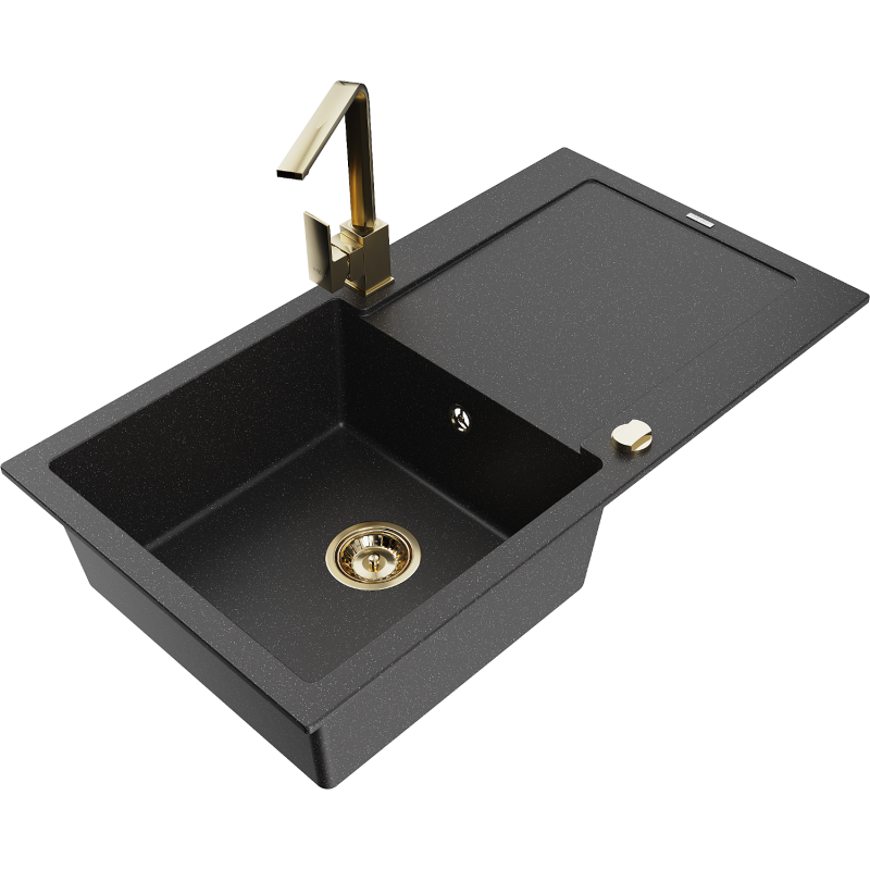 Mexen Leo single-bowl granite sink with drainer and kitchen faucet Rita, black/silver metallic - 6501-73-670300-50