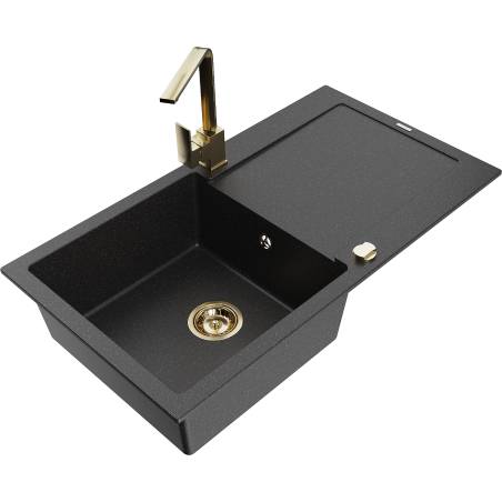 Mexen Leo granite sink 1-bowl with drainer and Rita kitchen tap, black/silver metallic - 6501-73-670300-50