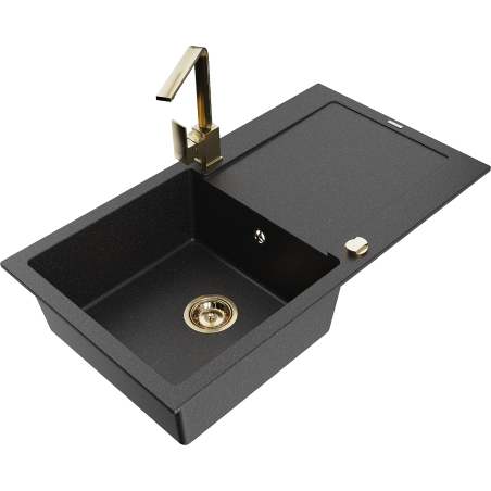 Mexen Leo single-bowl granite sink with drainer and kitchen faucet Rita, black/silver metallic - 6501-73-670300-50