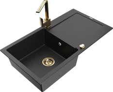 Mexen Leo granite sink 1-bowl with drainer and Rita kitchen tap, black/silver metallic - 6501-73-670300-50