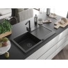 Mexen Leo single-bowl granite sink with drainer and Rita kitchen faucet, black/silver metallic - 6501-73-670300-70-B