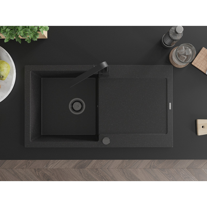 Mexen Leo single-bowl granite sink with drainer and Rita kitchen faucet, black/silver metallic - 6501-73-670300-70-B