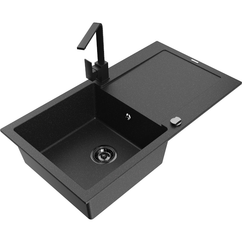 Mexen Leo granite single-bowl kitchen sink with drainer and Rita kitchen faucet, black/silver metallic - 6501-73-670300-70-B