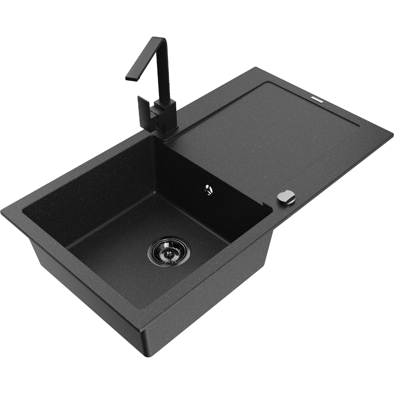 Mexen Leo single-bowl granite sink with drainer and Rita kitchen faucet, black/silver metallic - 6501-73-670300-70-B