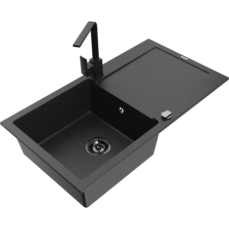 Mexen Leo 1-bowl granite sink with drainer and Rita kitchen tap, black/silver metallic - 6501-73-670300-70-B
