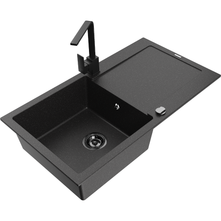Mexen Leo single-bowl granite sink with drainer and Rita kitchen faucet, black/silver metallic - 6501-73-670300-70-B