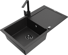 Mexen Leo granite single-bowl kitchen sink with drainer and Rita kitchen faucet, black/silver metallic - 6501-73-670300-70-B
