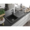Mexen Leo 1-bowl granite kitchen sink with drainer and Rita kitchen faucet, black/silver metallic - 6501-73-670300-70