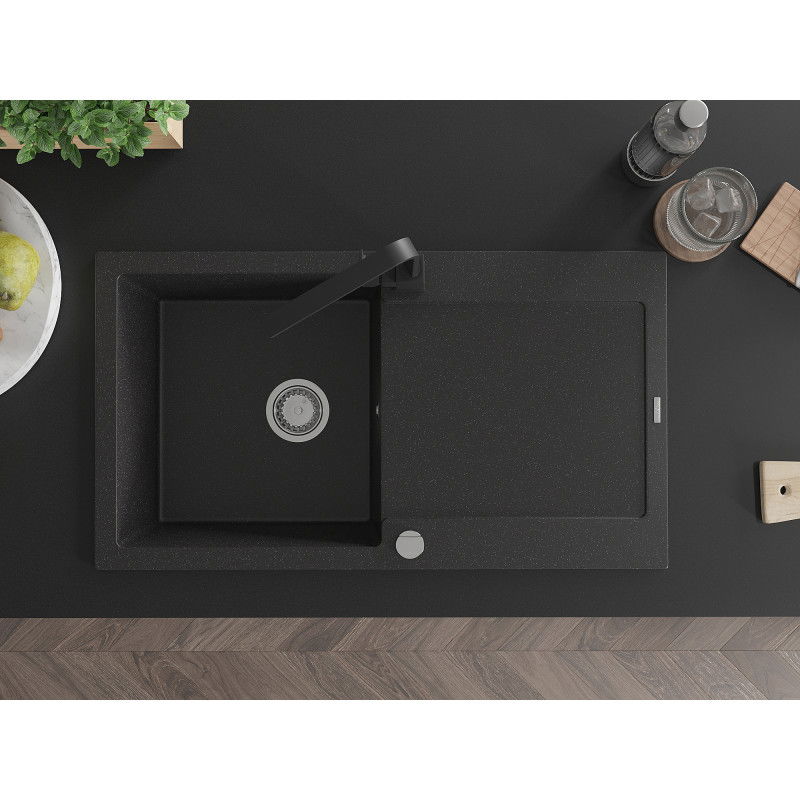 Mexen Leo 1-bowl granite sink with drainer and Rita kitchen tap, black/silver metallic - 6501-73-670300-70