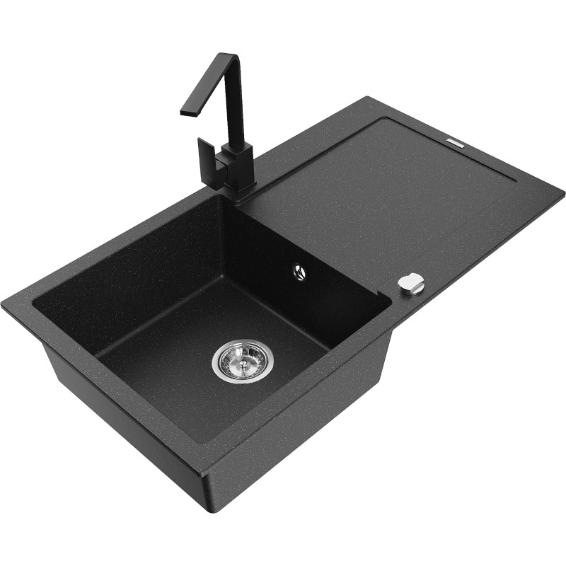 Mexen Leo granite 1-bowl sink with drainer and kitchen faucet Rita, black/silver metallic - 6501-73-670300-70