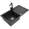 Mexen Leo 1-bowl granite kitchen sink with drainer and Rita kitchen faucet, black/silver metallic - 6501-73-670300-70