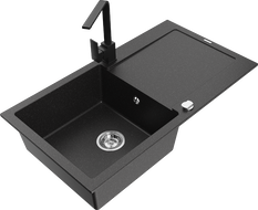 Mexen Leo granite 1-bowl sink with drainer and kitchen faucet Rita, black/silver metallic - 6501-73-670300-70