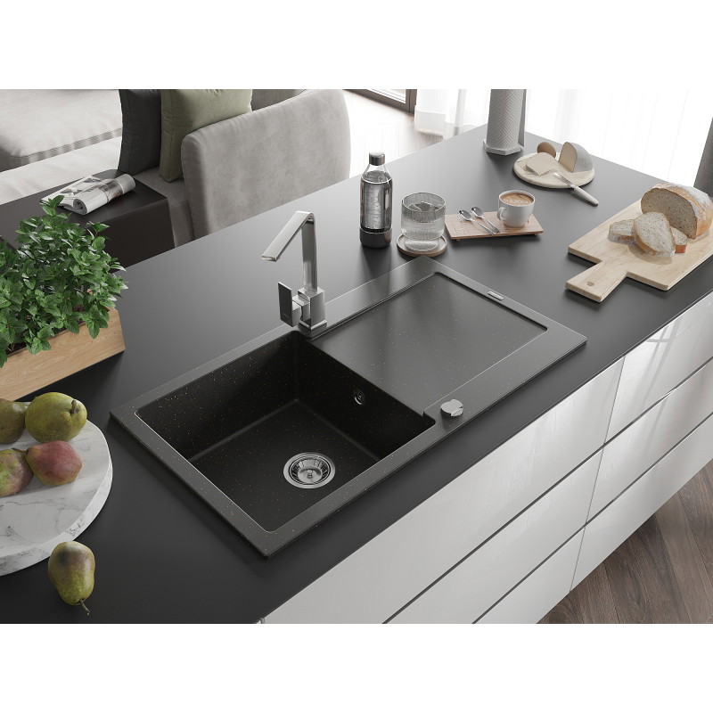 Mexen Leo granite kitchen sink 1-bowl with drainer and kitchen faucet Rita, black/gold metallic - 6501-75-670300-00