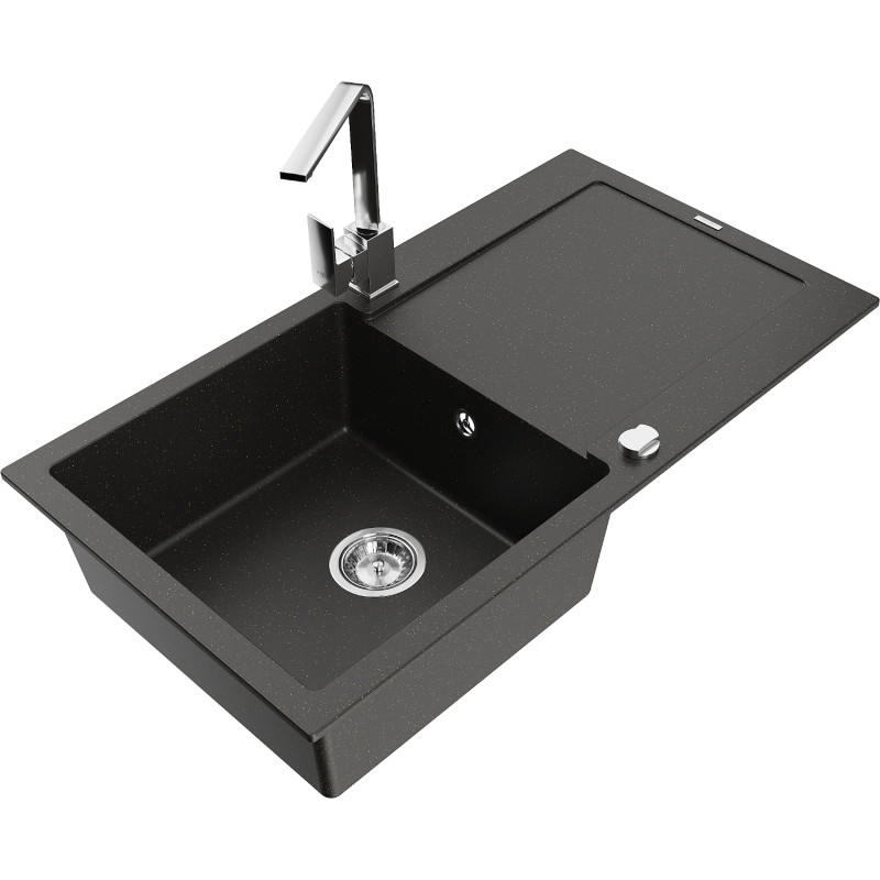 Mexen Leo 1-bowl granite sink with drainer and kitchen faucet Rita, black/golden metallic - 6501-75-670300-00