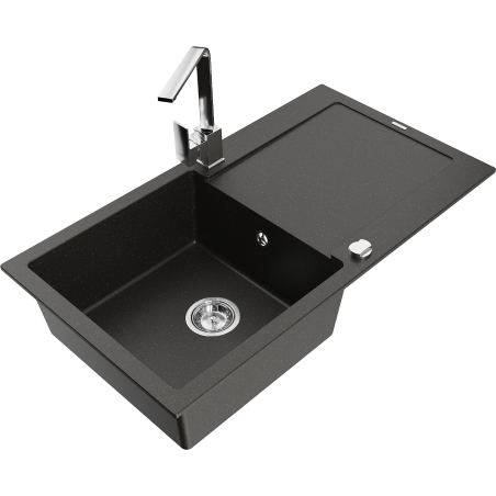 Mexen Leo 1-bowl granite sink with drainer and Rita kitchen tap, black/gold metallic - 6501-75-670300-00