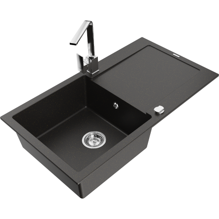 Mexen Leo granite kitchen sink 1-bowl with drainer and kitchen faucet Rita, black/gold metallic - 6501-75-670300-00