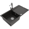 Mexen Leo 1-bowl granite sink with drainer and kitchen faucet Rita, black/golden metallic - 6501-75-670300-00
