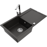 Mexen Leo granite kitchen sink 1-bowl with drainer and kitchen faucet Rita, black/gold metallic - 6501-75-670300-00
