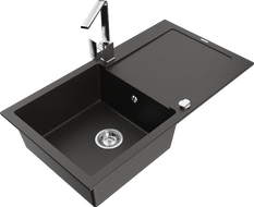 Mexen Leo 1-bowl granite sink with drainer and kitchen faucet Rita, black/golden metallic - 6501-75-670300-00