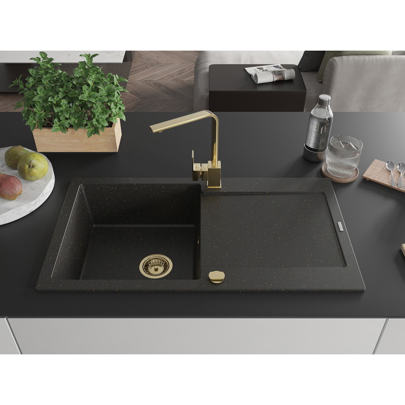 Mexen Leo granite sink 1-bowl with drainer and kitchen faucet Rita, black/gold metallic - 6501-75-670300-50