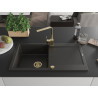 Mexen Leo granite sink 1-bowl with drainer and kitchen faucet Rita, black/gold metallic - 6501-75-670300-50