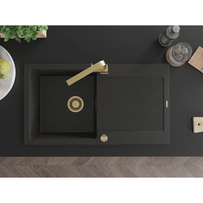 Mexen Leo granite sink 1-bowl with drainer and kitchen faucet Rita, black/gold metallic - 6501-75-670300-50