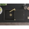 Mexen Leo Granite Kitchen Sink 1-bowl with Drainer and Rita Kitchen Tap, Black/Gold Metallic - 6501-75-670300-50