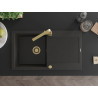 Mexen Leo granite sink 1-bowl with drainer and kitchen faucet Rita, black/gold metallic - 6501-75-670300-50