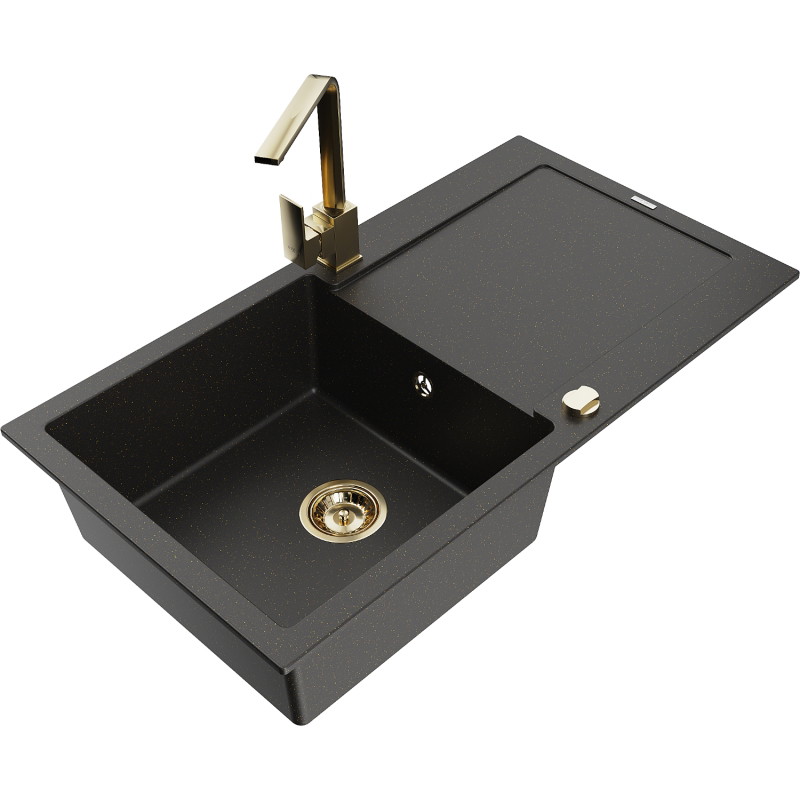 Mexen Leo granite kitchen sink 1-bowl with drainer and Rita kitchen faucet, black/gold metallic - 6501-75-670300-50
