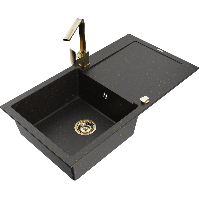 Mexen Leo granite sink 1-bowl with drainer and kitchen faucet Rita, black/gold metallic - 6501-75-670300-50